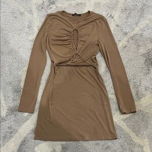 Pull&Bear Brown Ruched Long Sleeve Dress